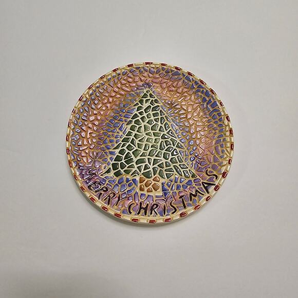 Mosaic Pillar Candle Plate Merry Christmas Tree - Picture 3 of 7
